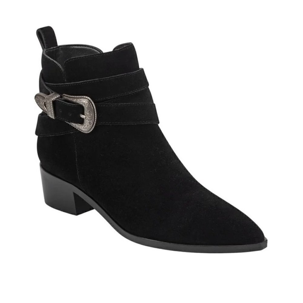 Marc Fisher Size 6M Yandi Suede Ankle Buckle Boots Black Western Block Heel